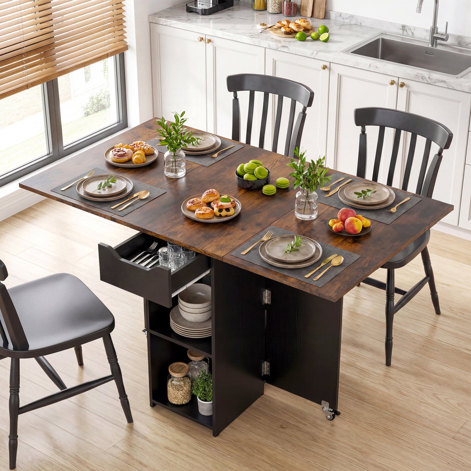 47.5 Inch Farmhouse Extendable Wooden Dinner Table with Lockable Wheels, Rustic Brown Dining Tables at Gallery Canada