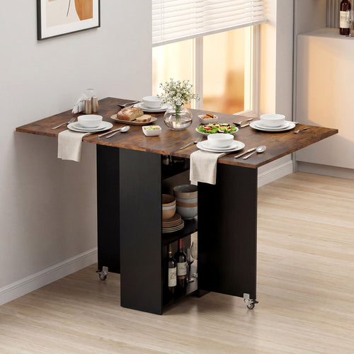 47.5 Inch Farmhouse Extendable Wooden Dinner Table with Lockable Wheels, Rustic Brown