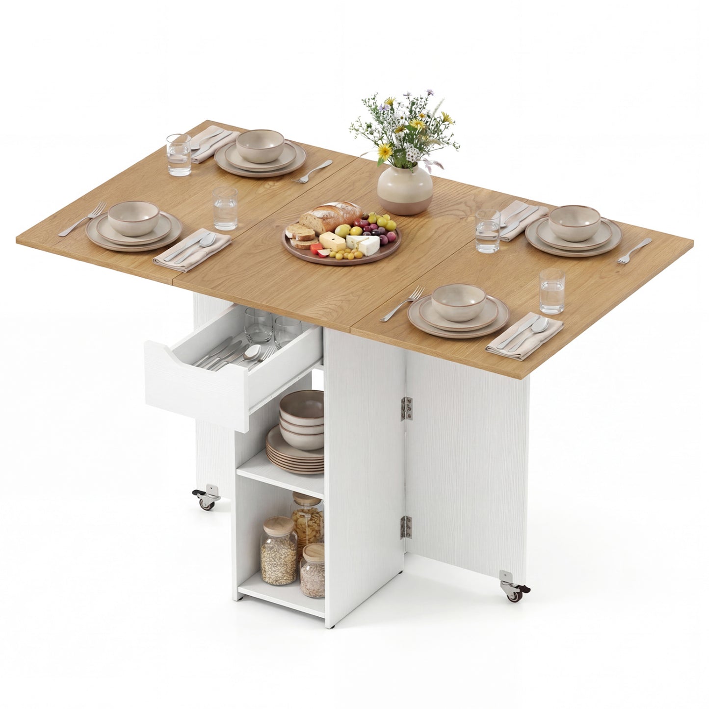 47.5 Inch Farmhouse Extendable Wooden Dinner Table with Lockable Wheels, White Dining Tables at Gallery Canada