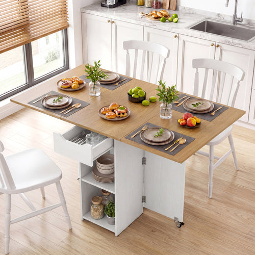 47.5 Inch Farmhouse Extendable Wooden Dinner Table with Lockable Wheels, White