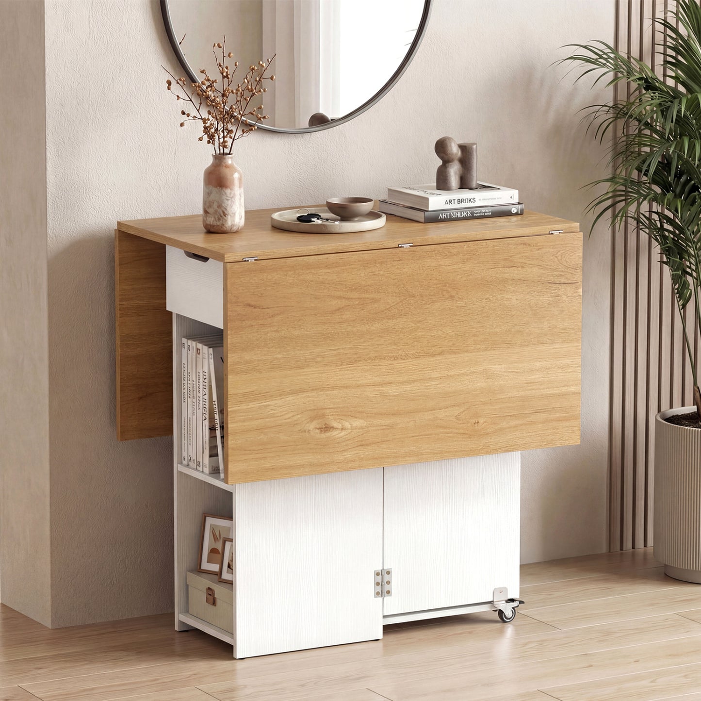 47.5 Inch Farmhouse Extendable Wooden Dinner Table with Lockable Wheels, White Dining Tables at Gallery Canada