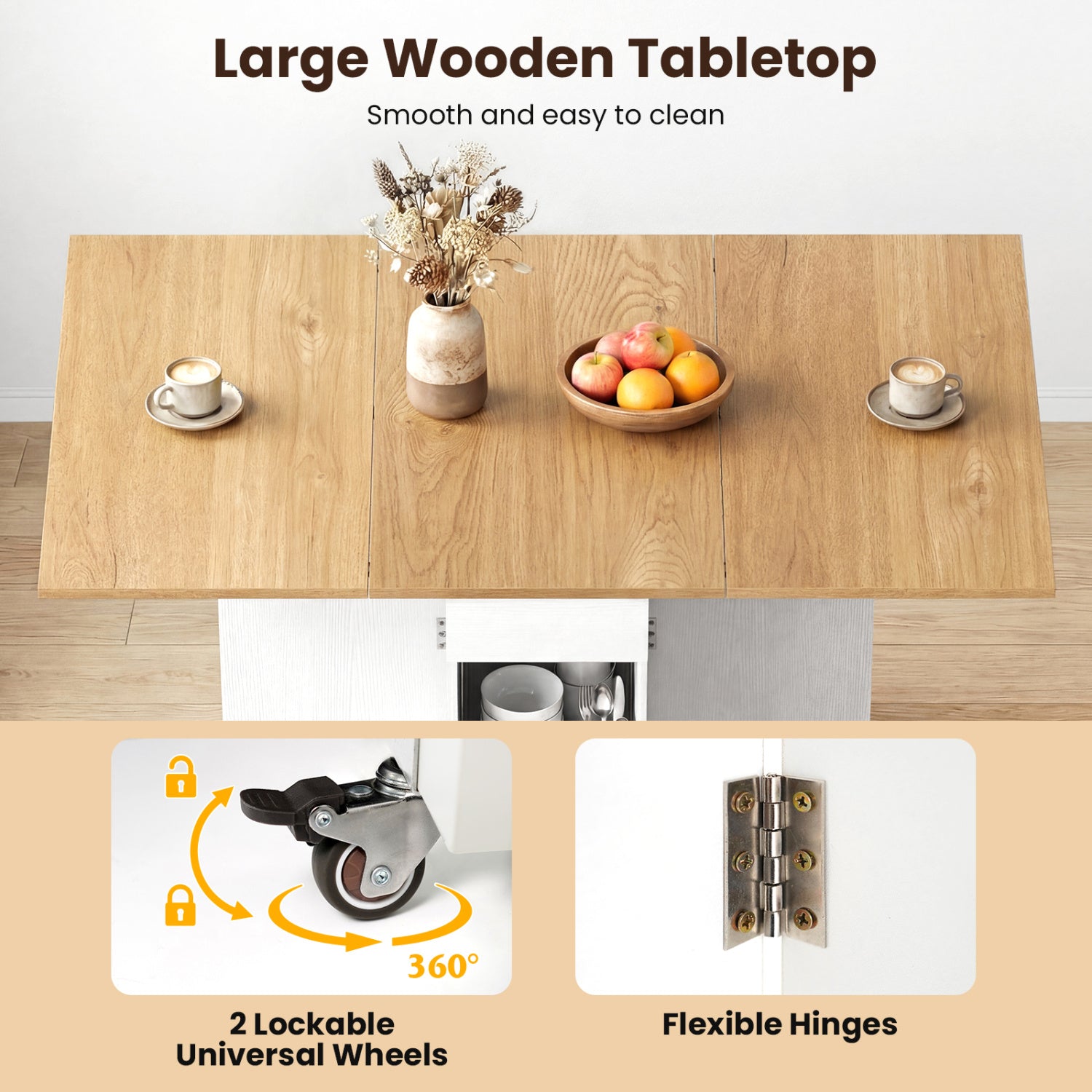 47.5 Inch Farmhouse Extendable Wooden Dinner Table with Lockable Wheels, White Dining Tables at Gallery Canada