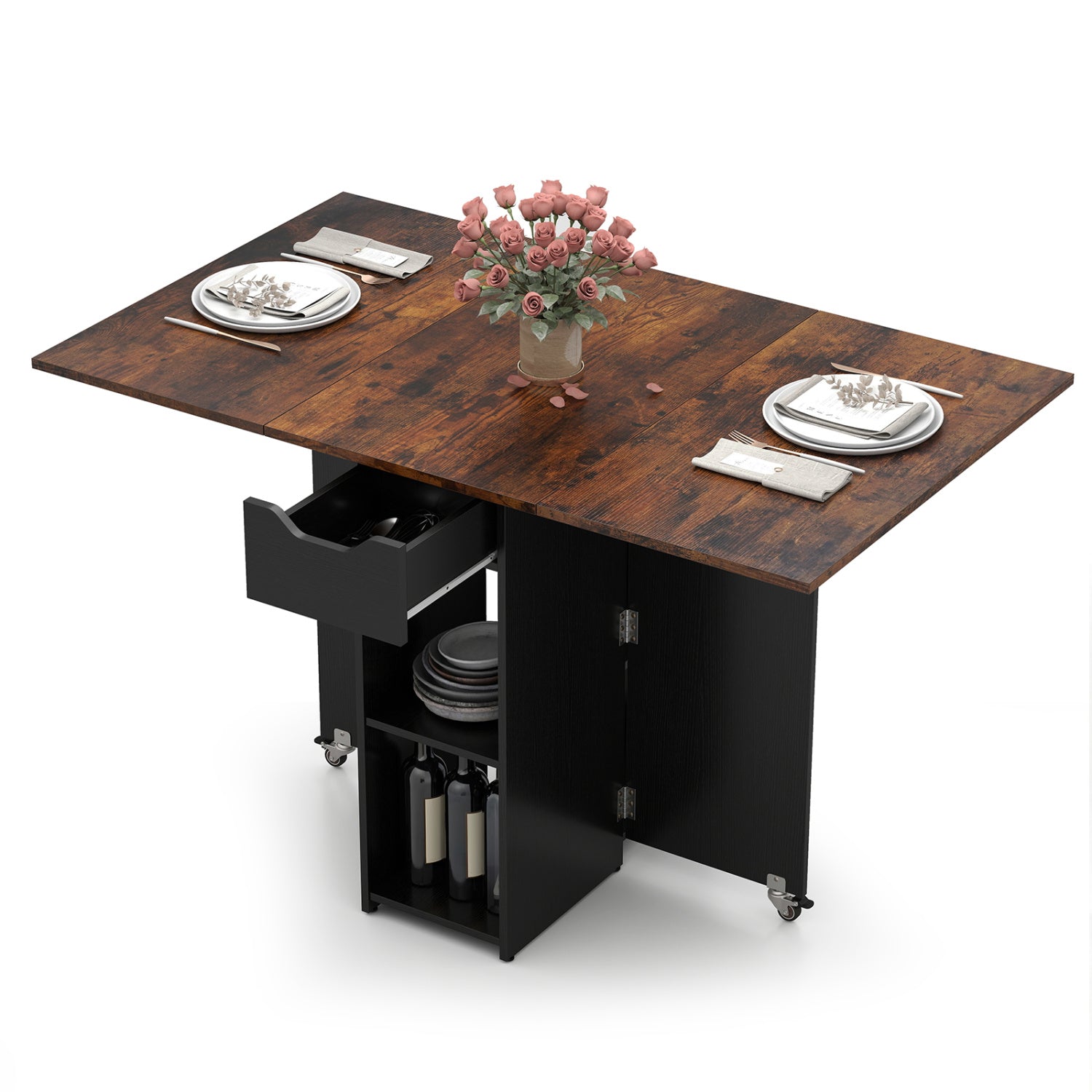 47.5 Inch Farmhouse Extendable Wooden Dinner Table with Lockable Wheels, Rustic Brown Dining Tables at Gallery Canada