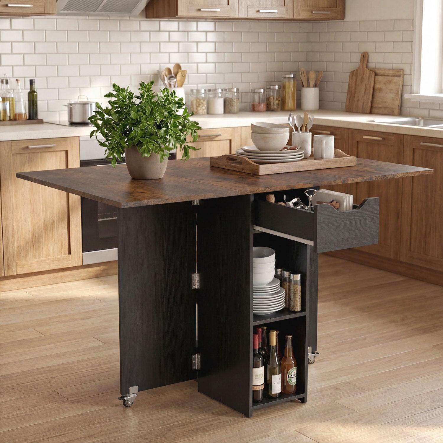 47.5 Inch Farmhouse Extendable Wooden Dinner Table with Lockable Wheels, Rustic Brown Dining Tables at Gallery Canada