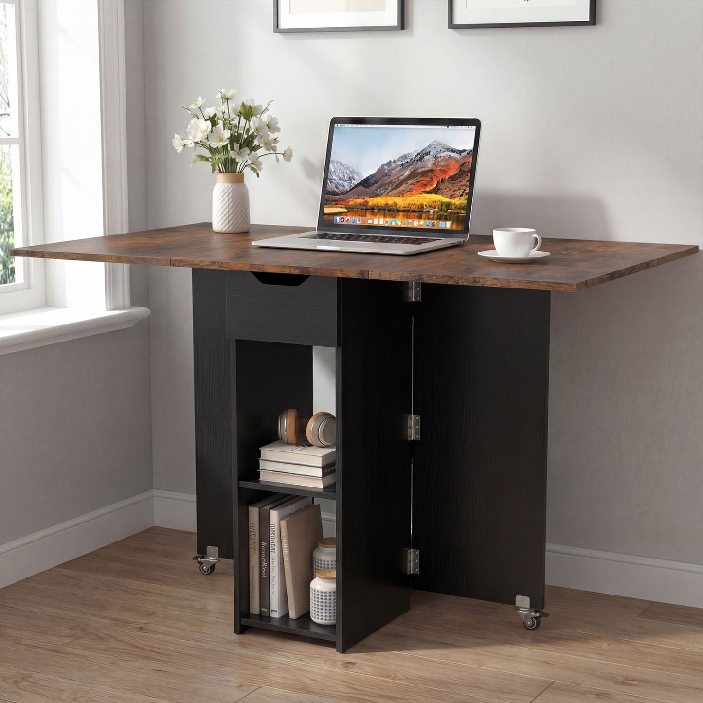 47.5 Inch Farmhouse Extendable Wooden Dinner Table with Lockable Wheels, Rustic Brown Dining Tables at Gallery Canada