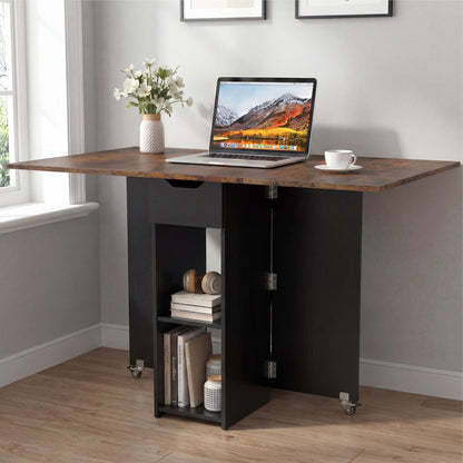 47.5 Inch Farmhouse Extendable Wooden Dinner Table with Lockable Wheels, Rustic Brown Dining Tables at Gallery Canada
