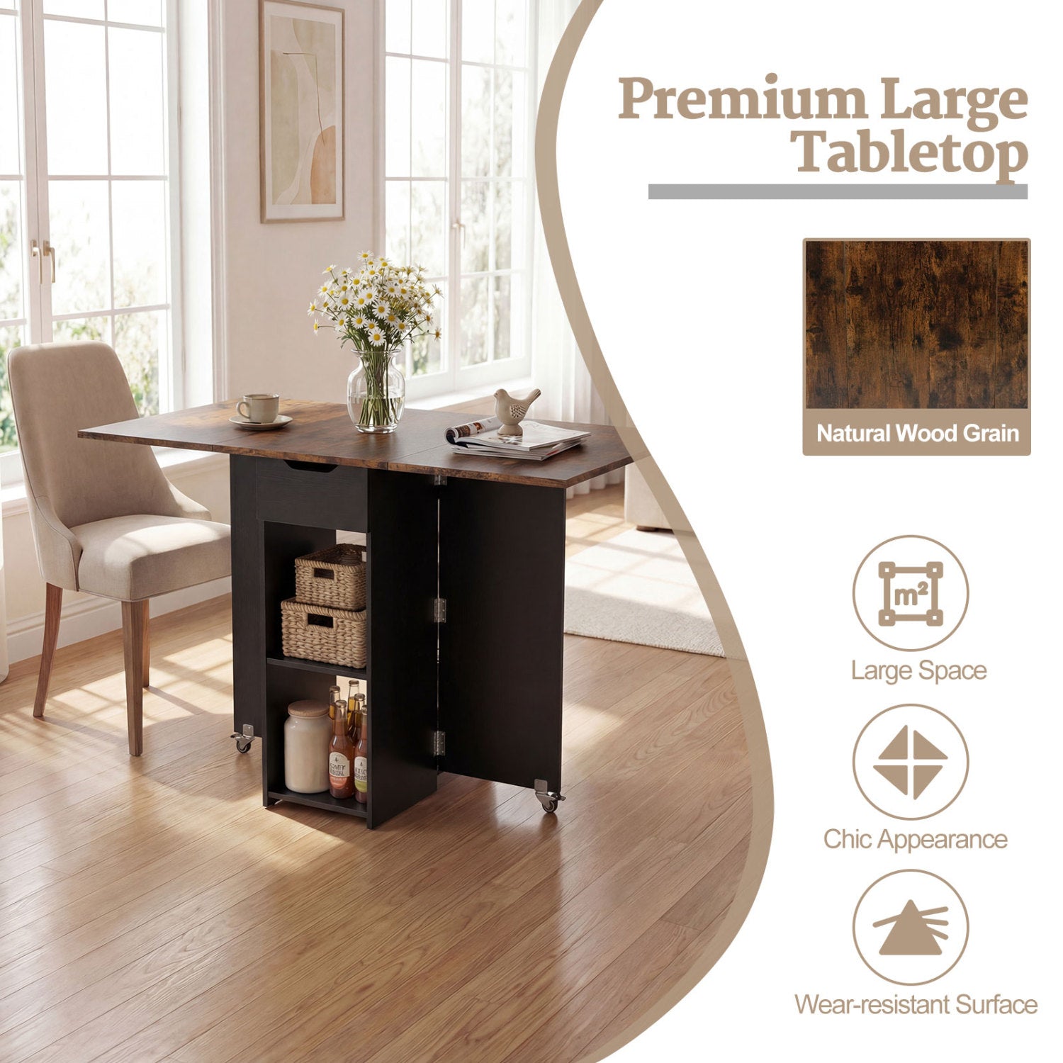 47.5 Inch Farmhouse Extendable Wooden Dinner Table with Lockable Wheels, Rustic Brown Dining Tables at Gallery Canada