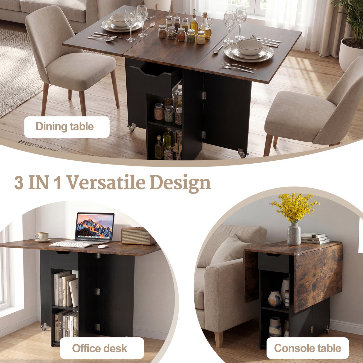 47.5 Inch Farmhouse Extendable Wooden Dinner Table with Lockable Wheels, Rustic Brown Dining Tables at Gallery Canada