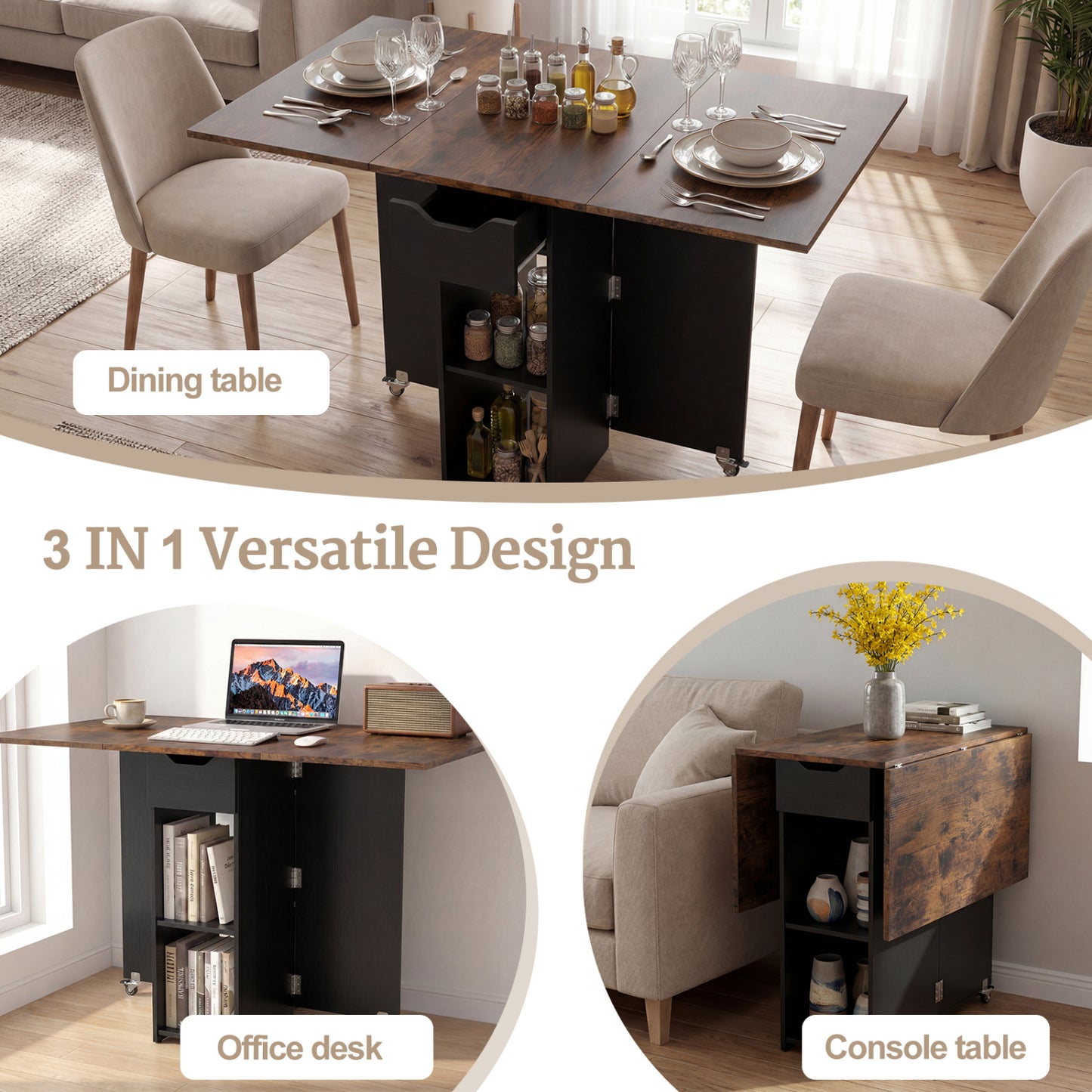 47.5 Inch Farmhouse Extendable Wooden Dinner Table with Lockable Wheels, Rustic Brown Dining Tables at Gallery Canada