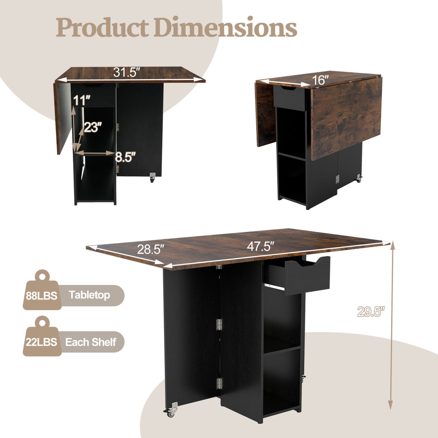 47.5 Inch Farmhouse Extendable Wooden Dinner Table with Lockable Wheels, Rustic Brown Dining Tables at Gallery Canada