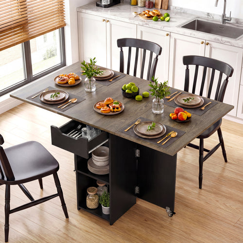 47.5 Inch Extendable Wooden Dinner Table, Lockable Wheels, Oak