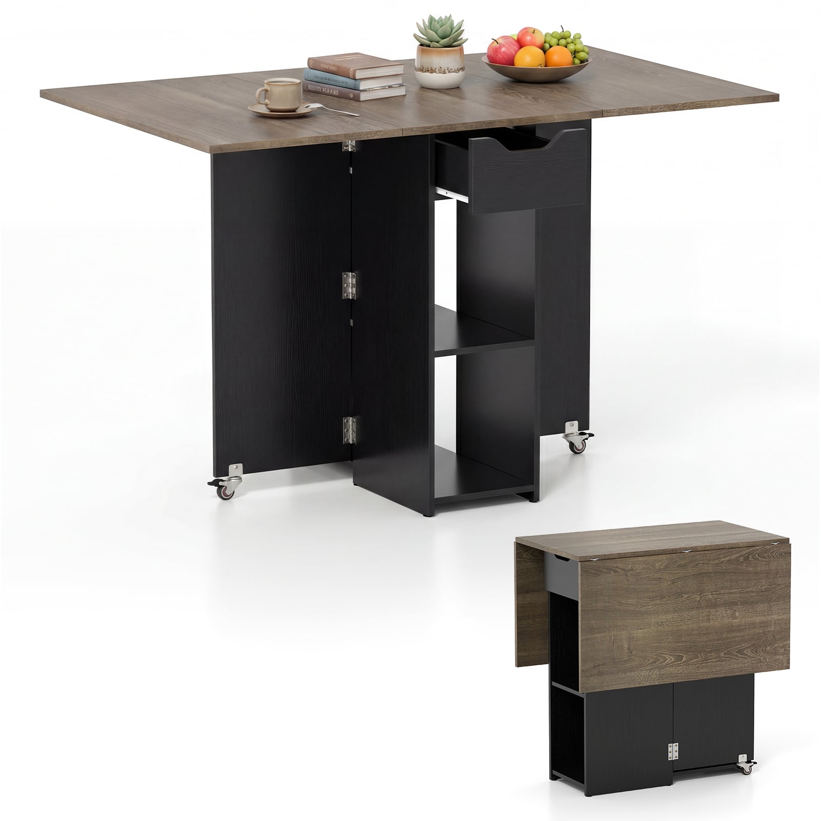 47.5 Inch Extendable Wooden Dinner Table, Lockable Wheels, Oak