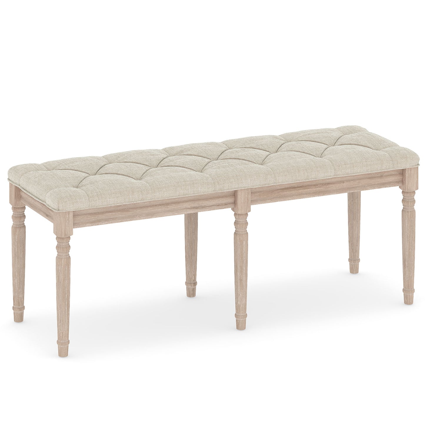 47.5 Inch Upholstered Bench with Carved Rubber Wood Legs and Padded Seat, Beige