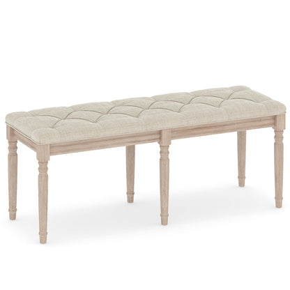 47.5 Inch Upholstered Bench with Carved Rubber Wood Legs and Padded Seat, Beige