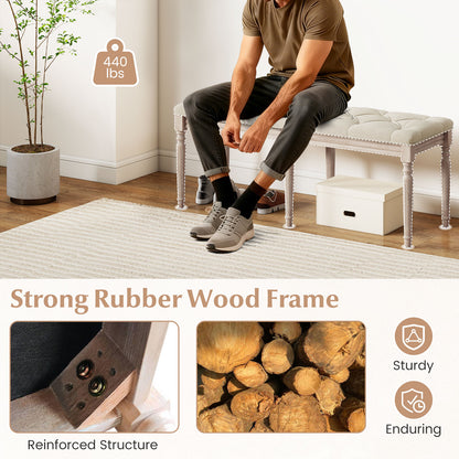 47.5 Inch Upholstered Bench with Carved Rubber Wood Legs and Padded Seat, Beige