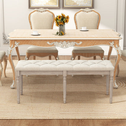 47.5 Inch Upholstered Bench with Carved Rubber Wood Legs and Padded Seat, Beige