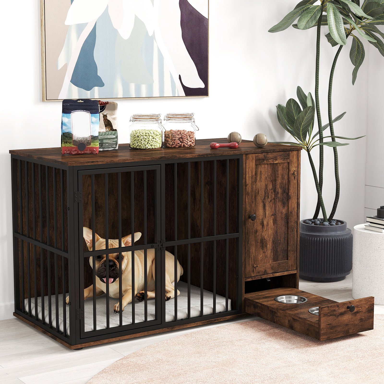 47.5 inch Dog Crate Furniture with Hidden Pull-out Bowls in Drawer for Small and Medium Dogs, Rustic Brown Dog Kennels at Gallery Canada