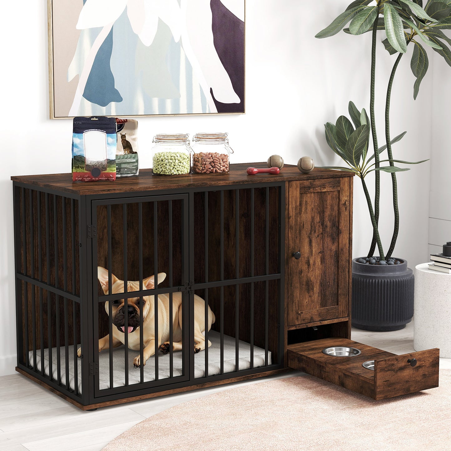 47.5 inch Dog Crate Furniture with Hidden Pull-out Bowls in Drawer for Small and Medium Dogs, Rustic Brown Dog Kennels at Gallery Canada