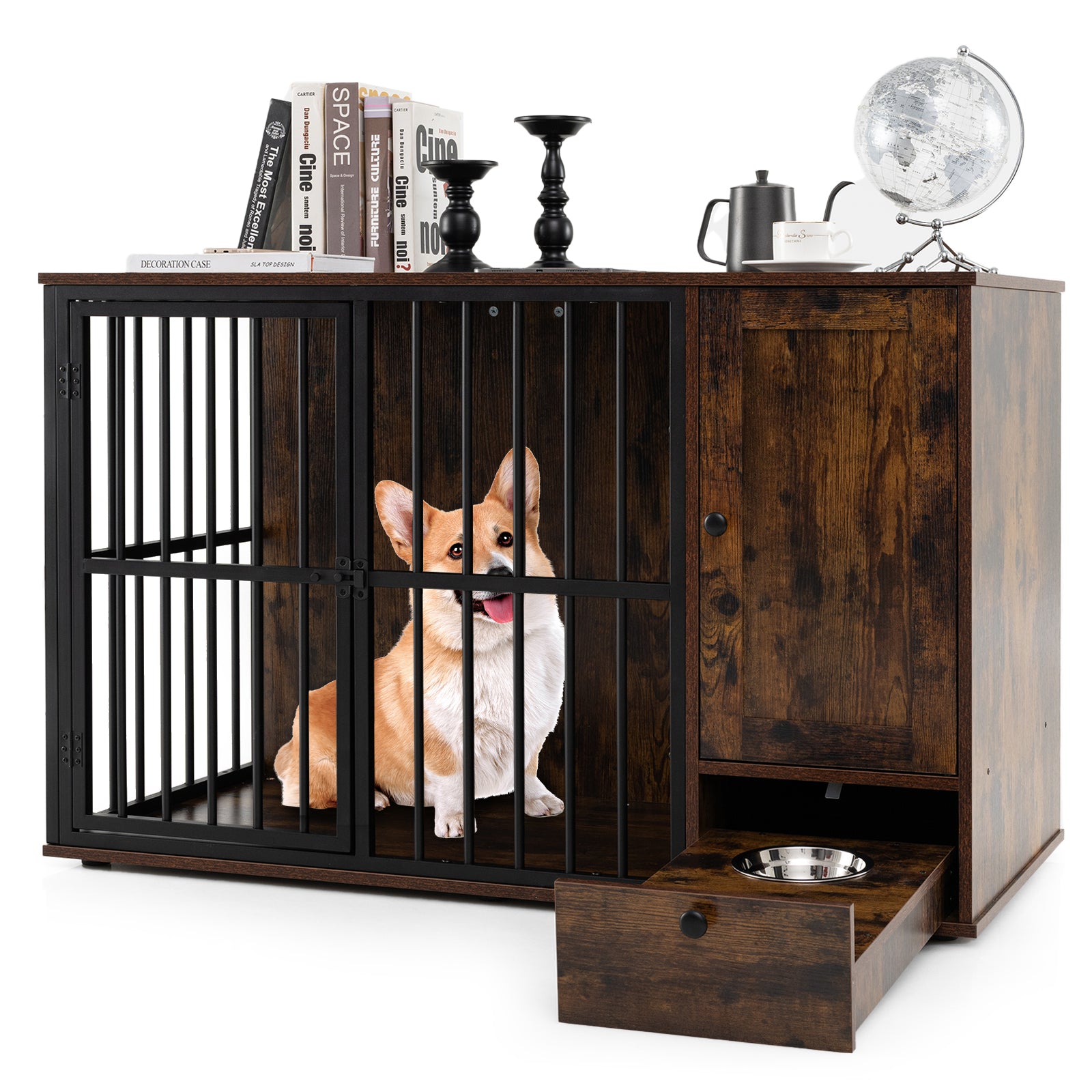 47.5 inch Dog Crate Furniture with Hidden Pull-out Bowls in Drawer for Small and Medium Dogs, Rustic Brown Dog Kennels at Gallery Canada