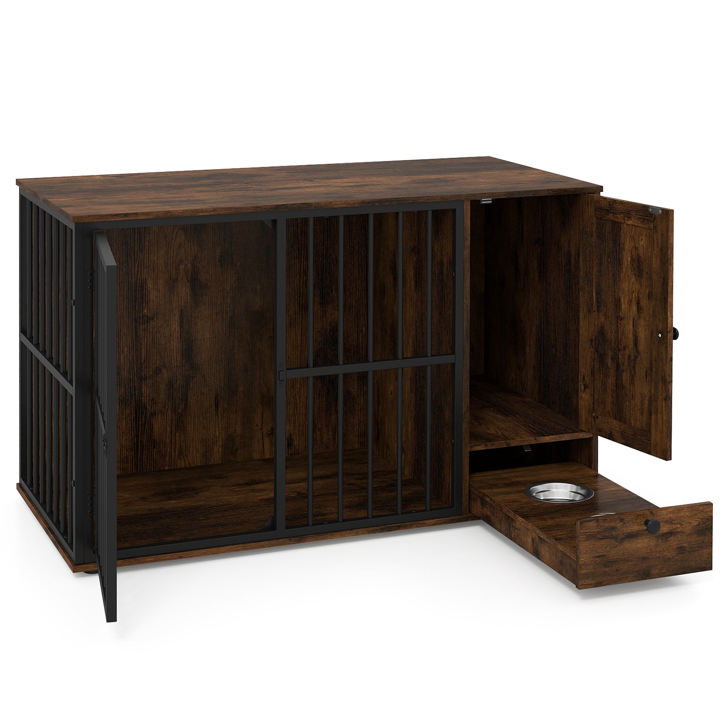 47.5 inch Dog Crate Furniture with Hidden Pull-out Bowls in Drawer for Small and Medium Dogs, Rustic Brown Dog Kennels at Gallery Canada