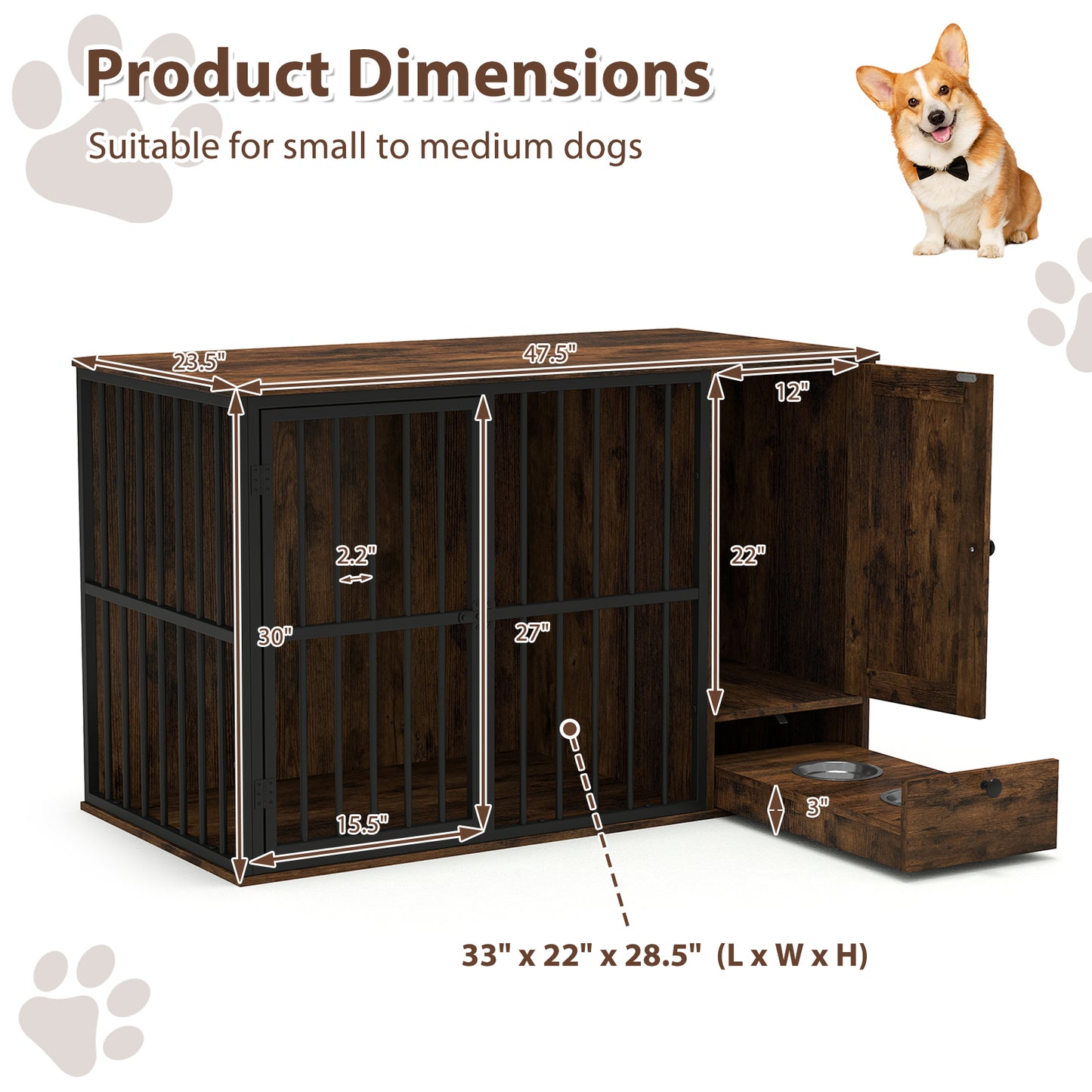 47.5 inch Dog Crate Furniture with Hidden Pull-out Bowls in Drawer for Small and Medium Dogs, Rustic Brown Dog Kennels at Gallery Canada