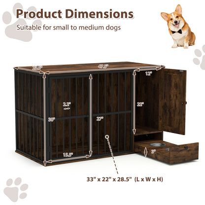 47.5 inch Dog Crate Furniture with Hidden Pull-out Bowls in Drawer for Small and Medium Dogs, Rustic Brown Dog Kennels at Gallery Canada