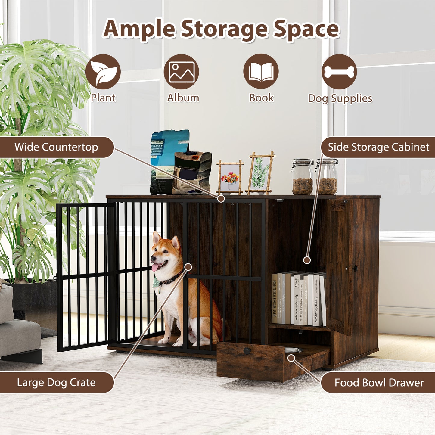 47.5 inch Dog Crate Furniture with Hidden Pull-out Bowls in Drawer for Small and Medium Dogs, Rustic Brown Dog Kennels at Gallery Canada