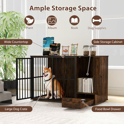 47.5 inch Dog Crate Furniture with Hidden Pull-out Bowls in Drawer for Small and Medium Dogs, Rustic Brown Dog Kennels at Gallery Canada