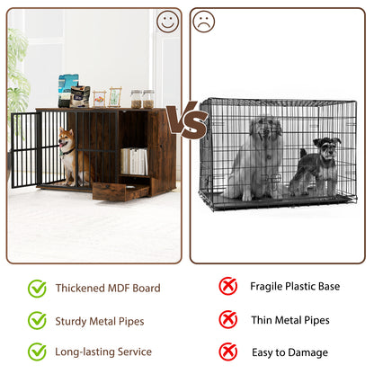 47.5 inch Dog Crate Furniture with Hidden Pull-out Bowls in Drawer for Small and Medium Dogs, Rustic Brown Dog Kennels at Gallery Canada