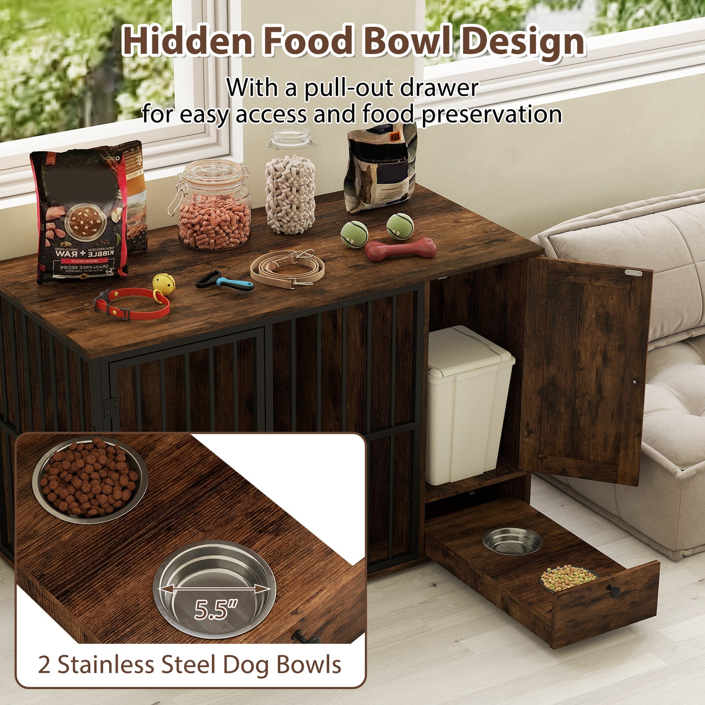 47.5 inch Dog Crate Furniture with Hidden Pull-out Bowls in Drawer for Small and Medium Dogs, Rustic Brown Dog Kennels at Gallery Canada