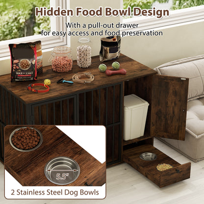 47.5 inch Dog Crate Furniture with Hidden Pull-out Bowls in Drawer for Small and Medium Dogs, Rustic Brown Dog Kennels at Gallery Canada