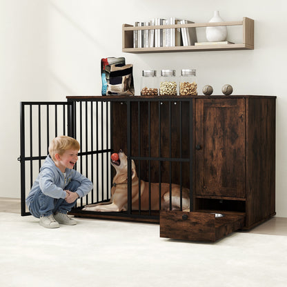 47.5 inch Dog Crate Furniture with Hidden Pull-out Bowls in Drawer for Small and Medium Dogs, Rustic Brown Dog Kennels at Gallery Canada