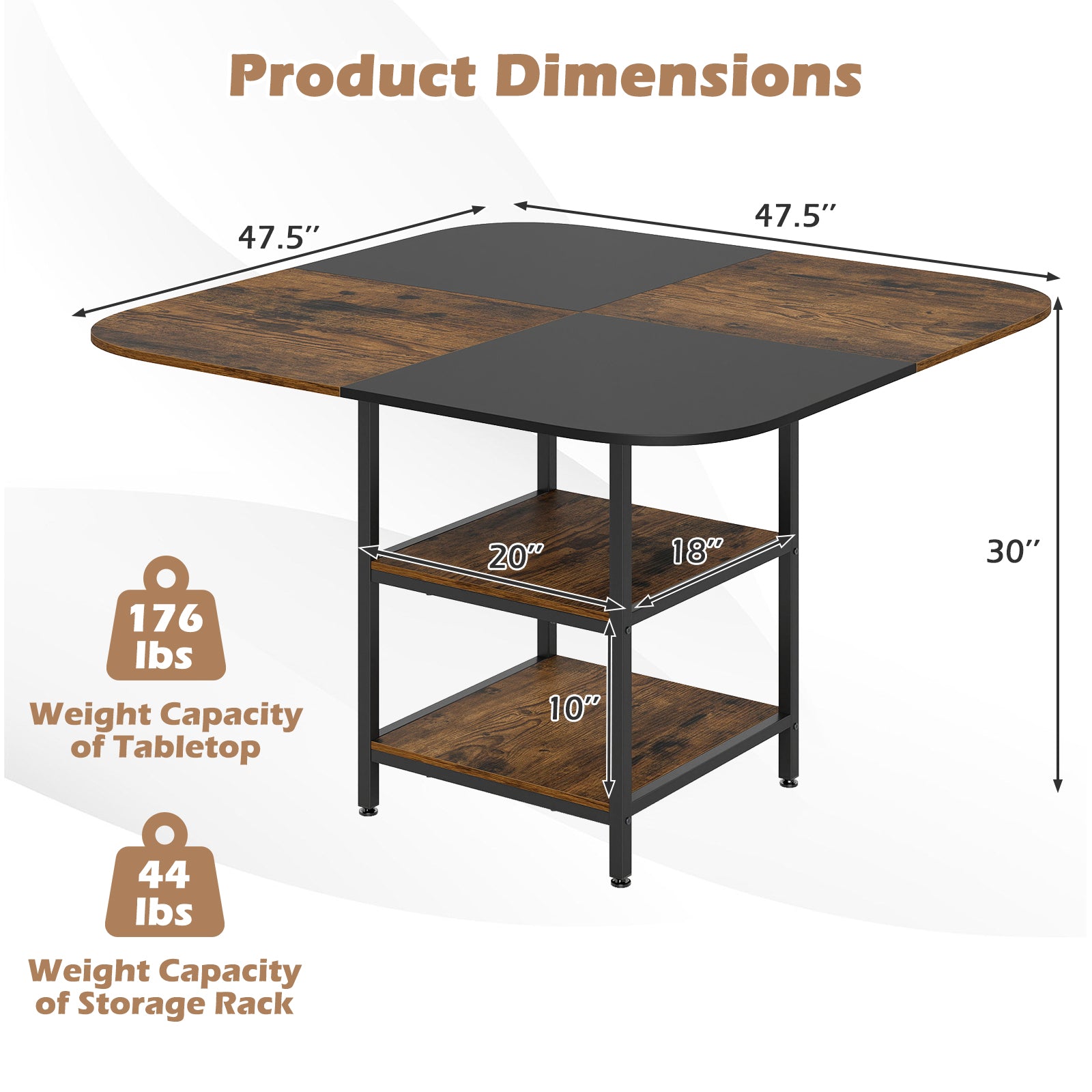 47.5 inch Modern Dining Table Square Kitchen Table with Mix-colored Tabletop, Rustic Brown Dining Tables at Gallery Canada