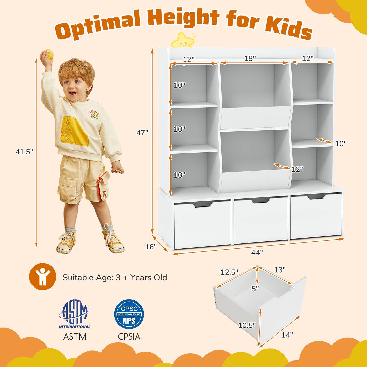 47" Children Bookcase Toy Storage Organizer Versatile Storage Cabinet, White Kids Storage at Gallery Canada