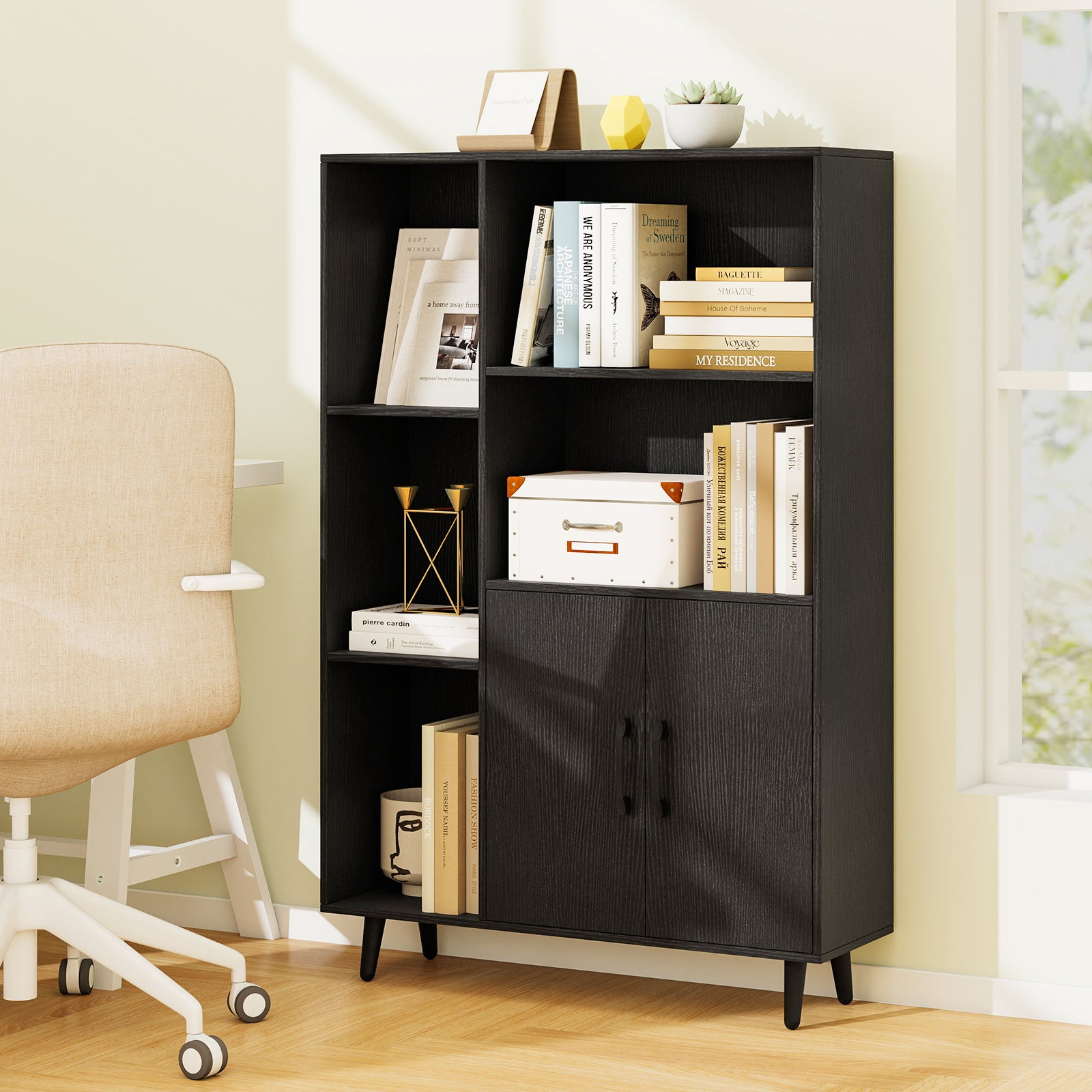 4 Inch Floor Bookshelf with 5 Open Compartments and Storage Cabinet, Black Bookcases at Gallery Canada