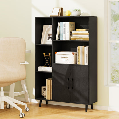 4 Inch Floor Bookshelf with 5 Open Compartments and Storage Cabinet, Black Bookcases at Gallery Canada