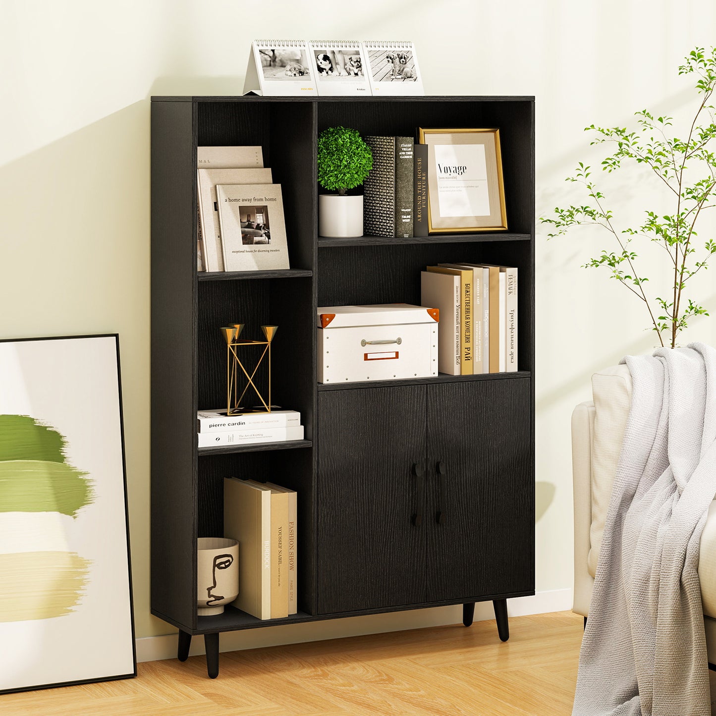 4 Inch Floor Bookshelf with 5 Open Compartments and Storage Cabinet, Black Bookcases at Gallery Canada