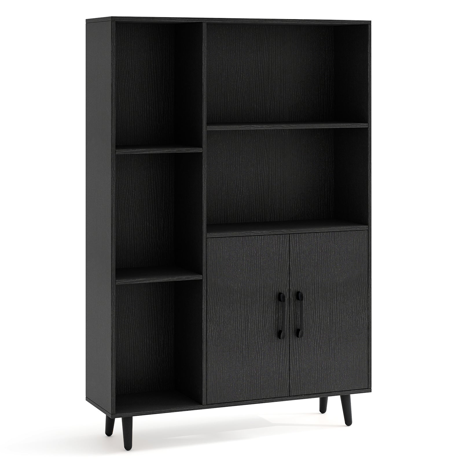 4 Inch Floor Bookshelf with 5 Open Compartments and Storage Cabinet, Black Bookcases at Gallery Canada