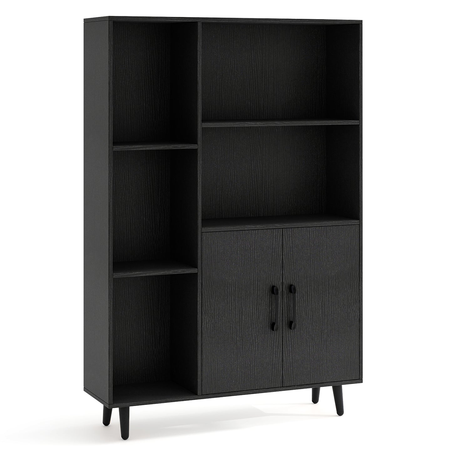 4 Inch Floor Bookshelf with 5 Open Compartments and Storage Cabinet, Black Bookcases at Gallery Canada