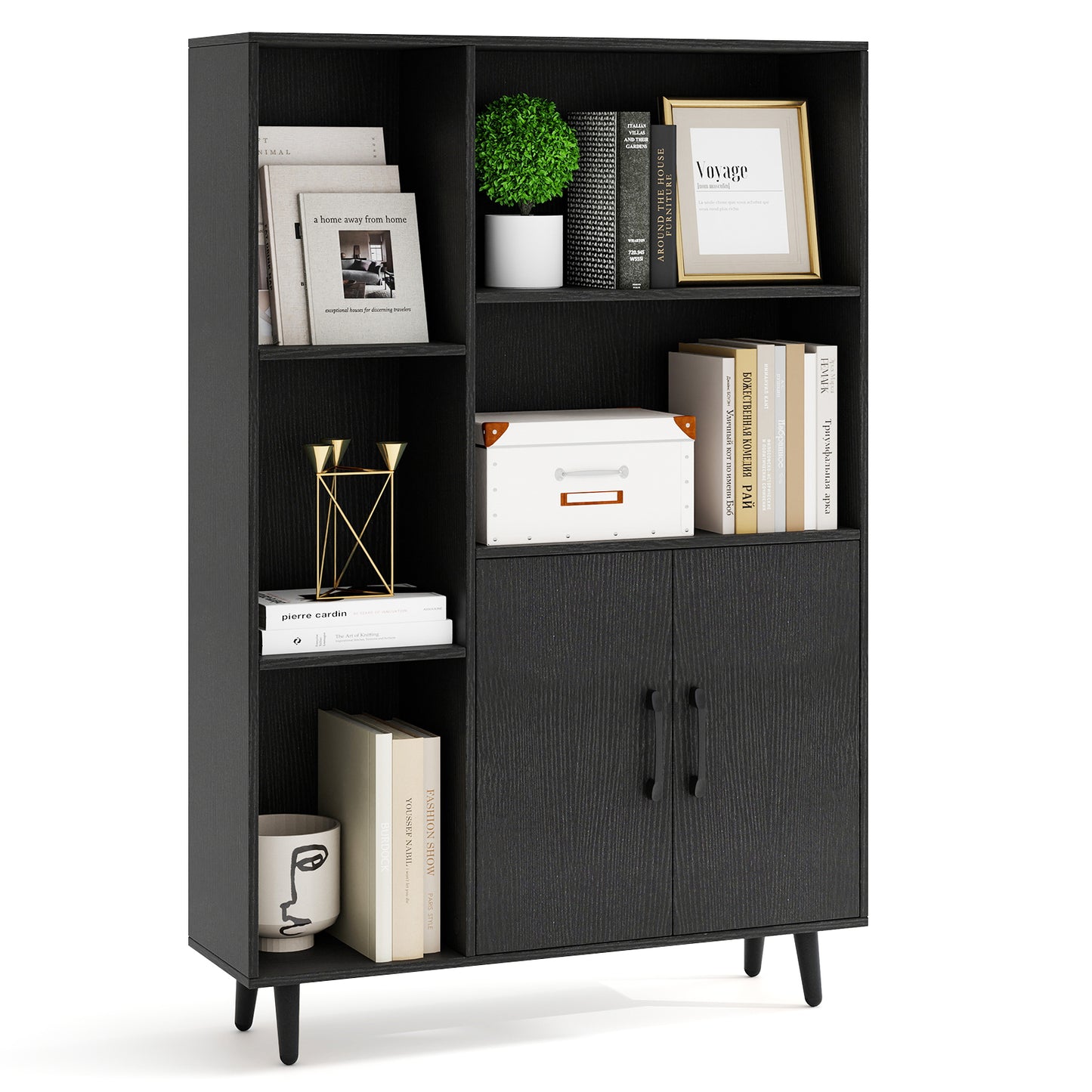 4 Inch Floor Bookshelf with 5 Open Compartments and Storage Cabinet, Black Bookcases at Gallery Canada