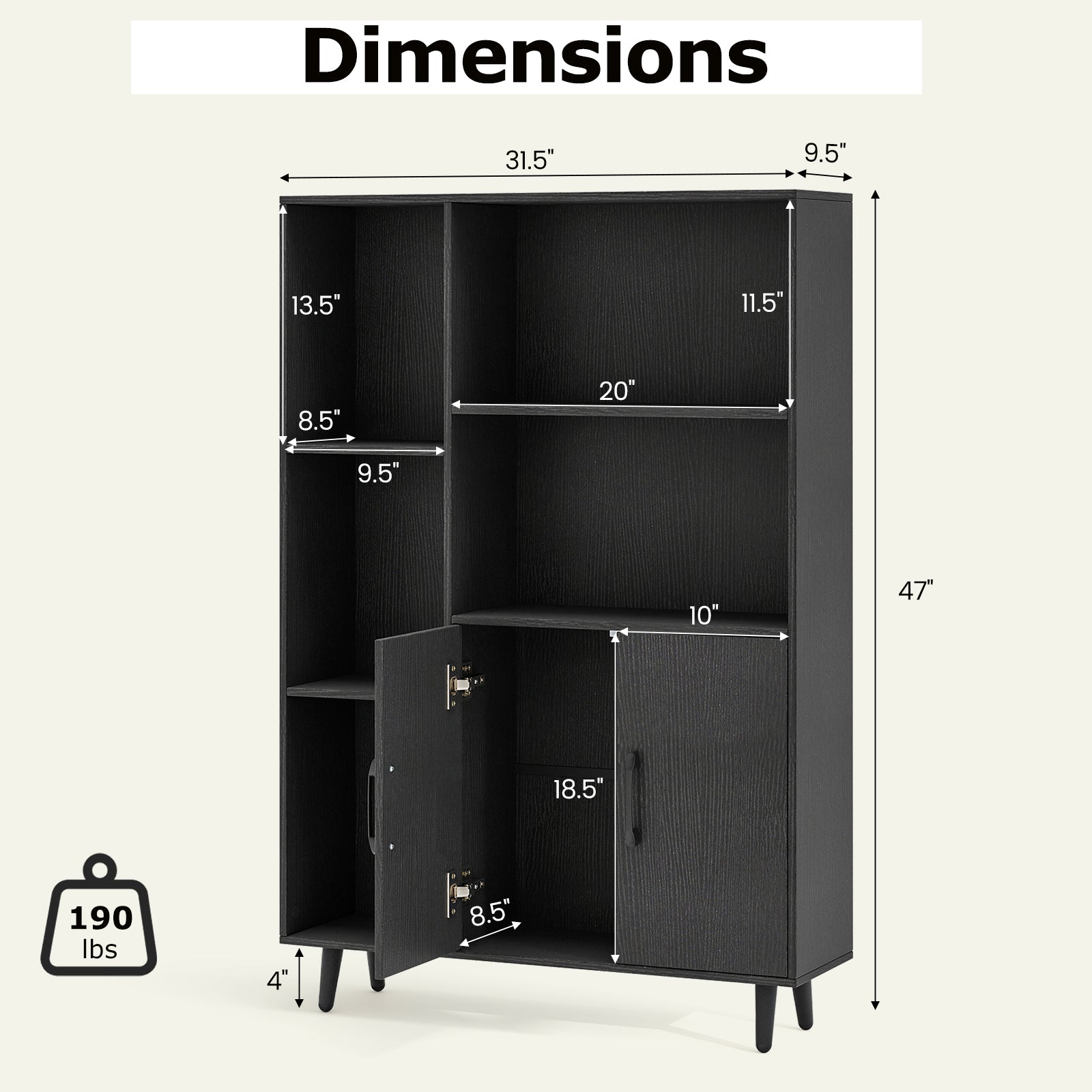 4 Inch Floor Bookshelf with 5 Open Compartments and Storage Cabinet, Black Bookcases at Gallery Canada