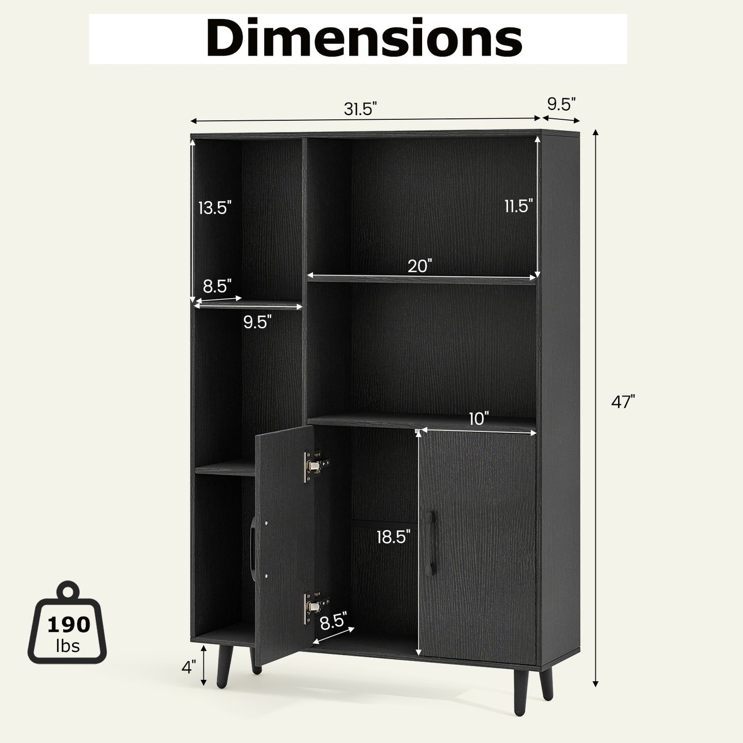 4 Inch Floor Bookshelf with 5 Open Compartments and Storage Cabinet, Black Bookcases at Gallery Canada