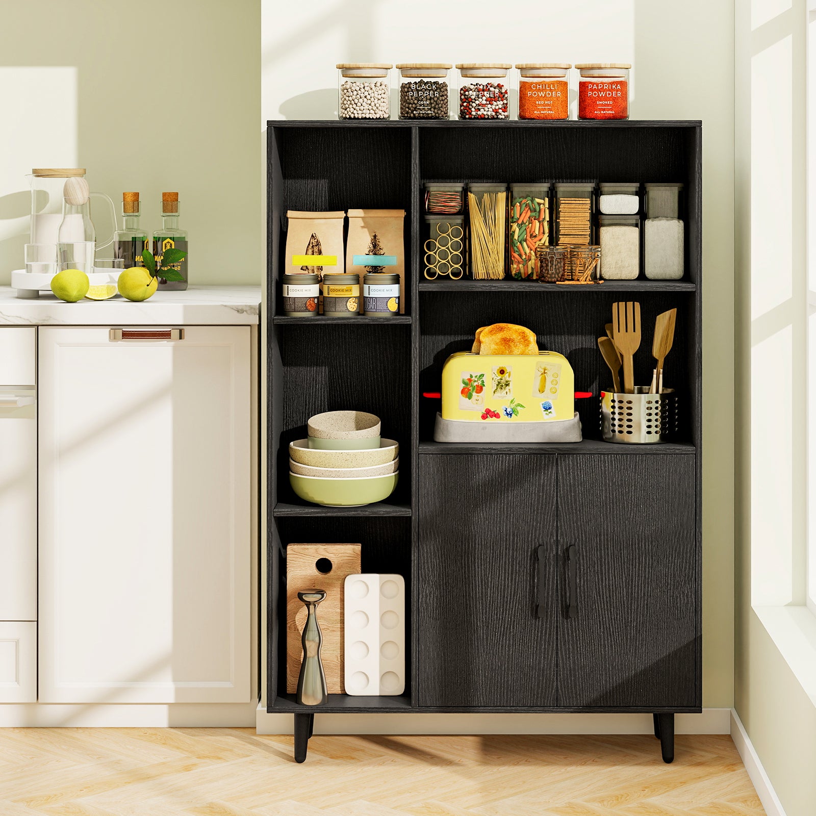 4 Inch Floor Bookshelf with 5 Open Compartments and Storage Cabinet, Black Bookcases at Gallery Canada