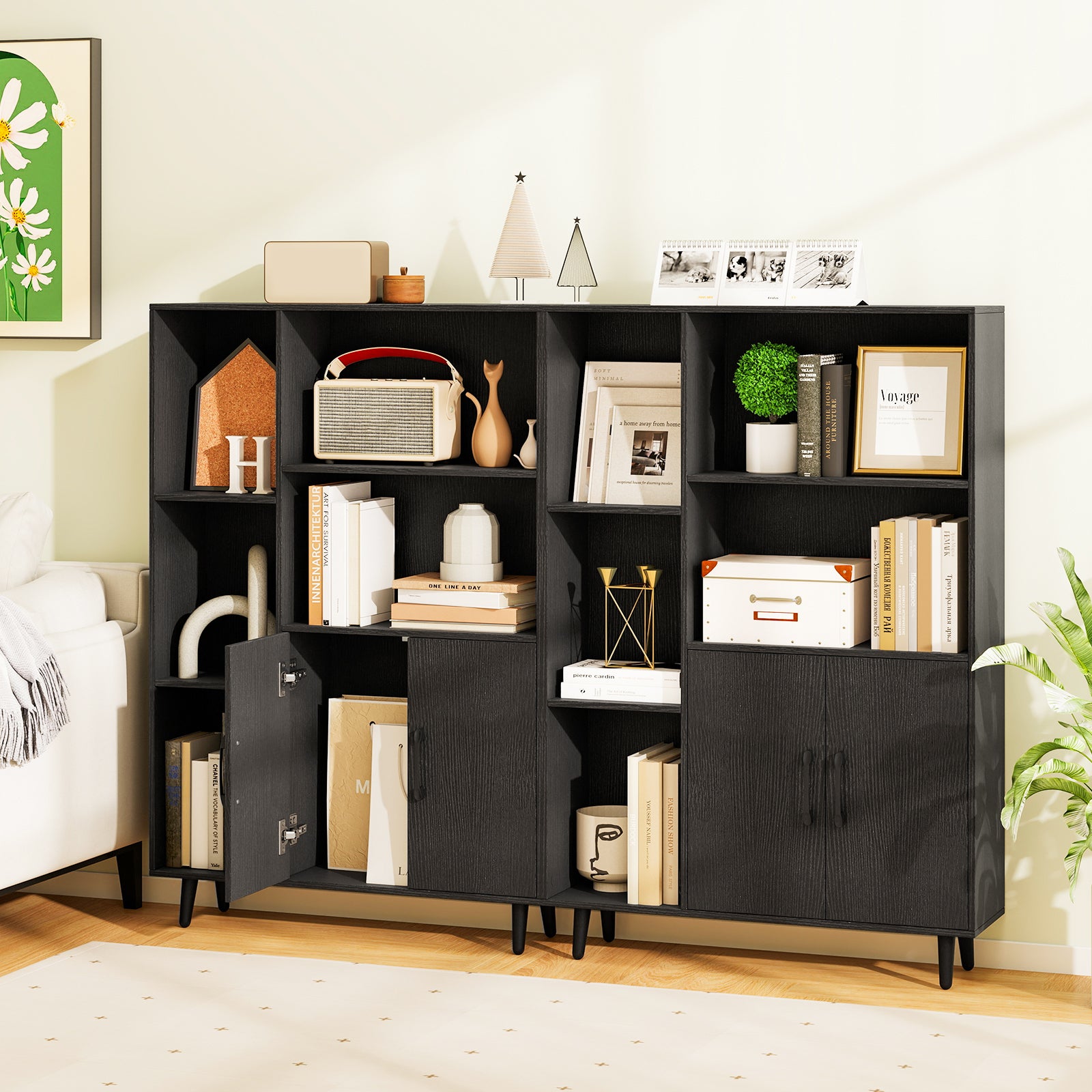 4 Inch Floor Bookshelf with 5 Open Compartments and Storage Cabinet, Black Bookcases at Gallery Canada