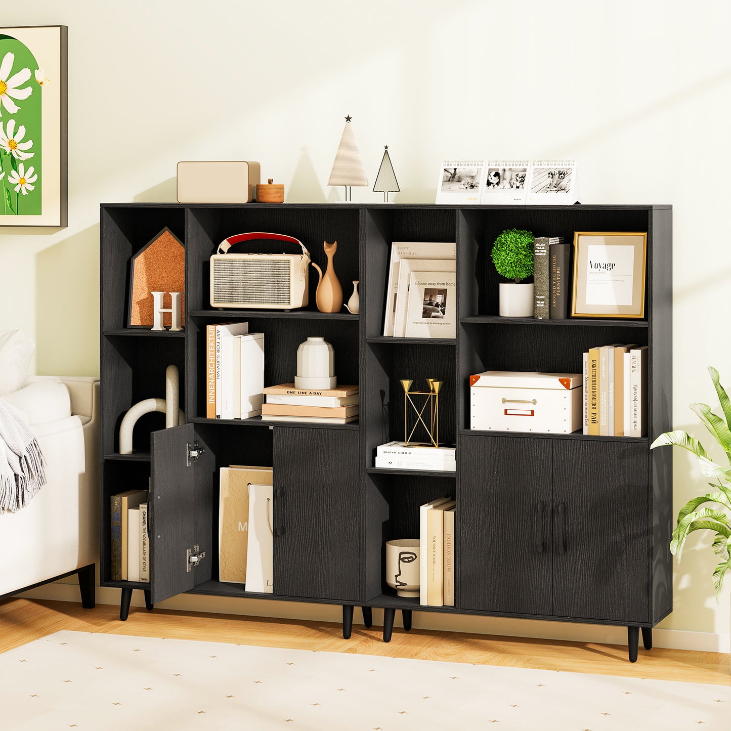 4 Inch Floor Bookshelf with 5 Open Compartments and Storage Cabinet, Black Bookcases at Gallery Canada