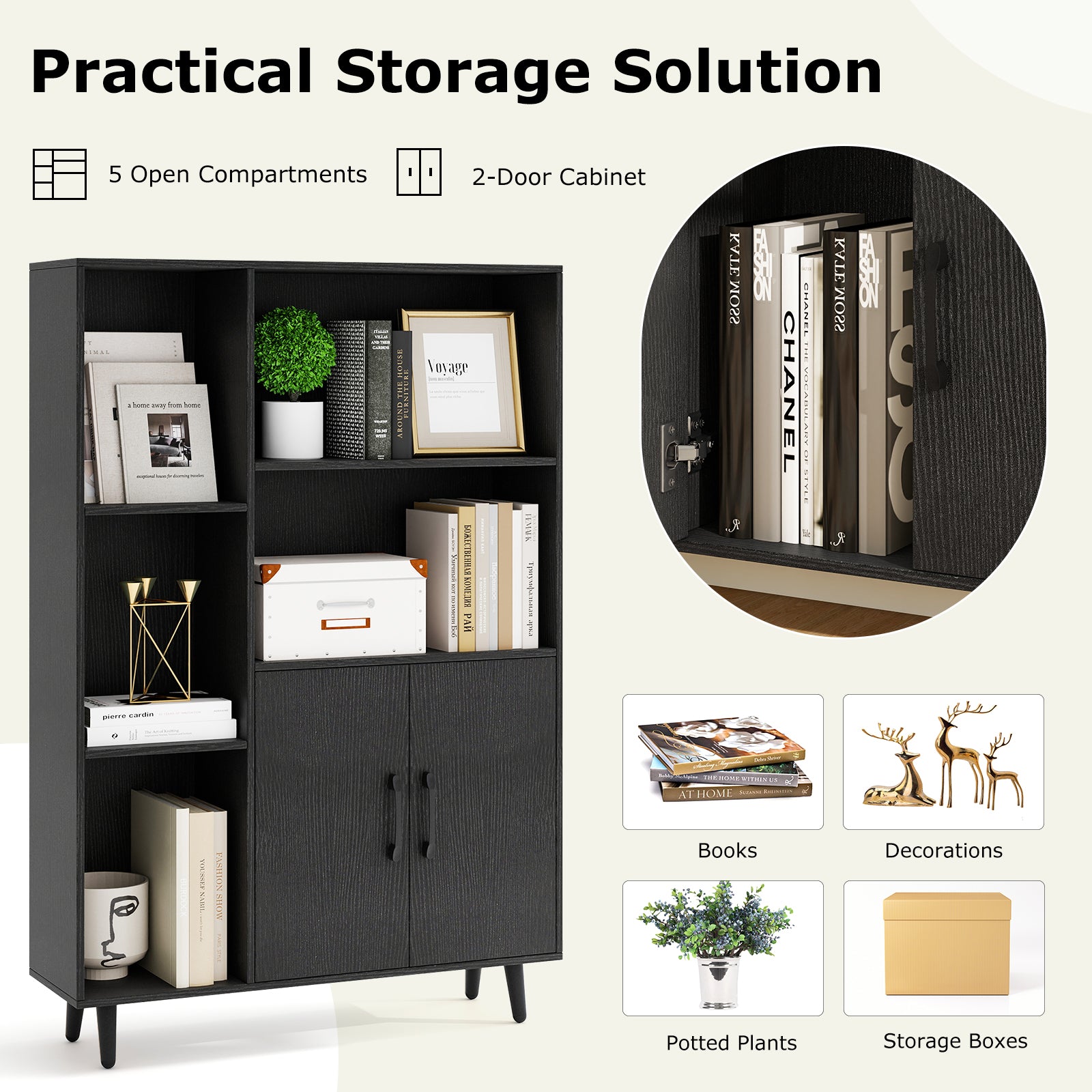 4 Inch Floor Bookshelf with 5 Open Compartments and Storage Cabinet, Black Bookcases at Gallery Canada