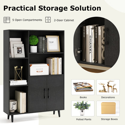 4 Inch Floor Bookshelf with 5 Open Compartments and Storage Cabinet, Black Bookcases at Gallery Canada
