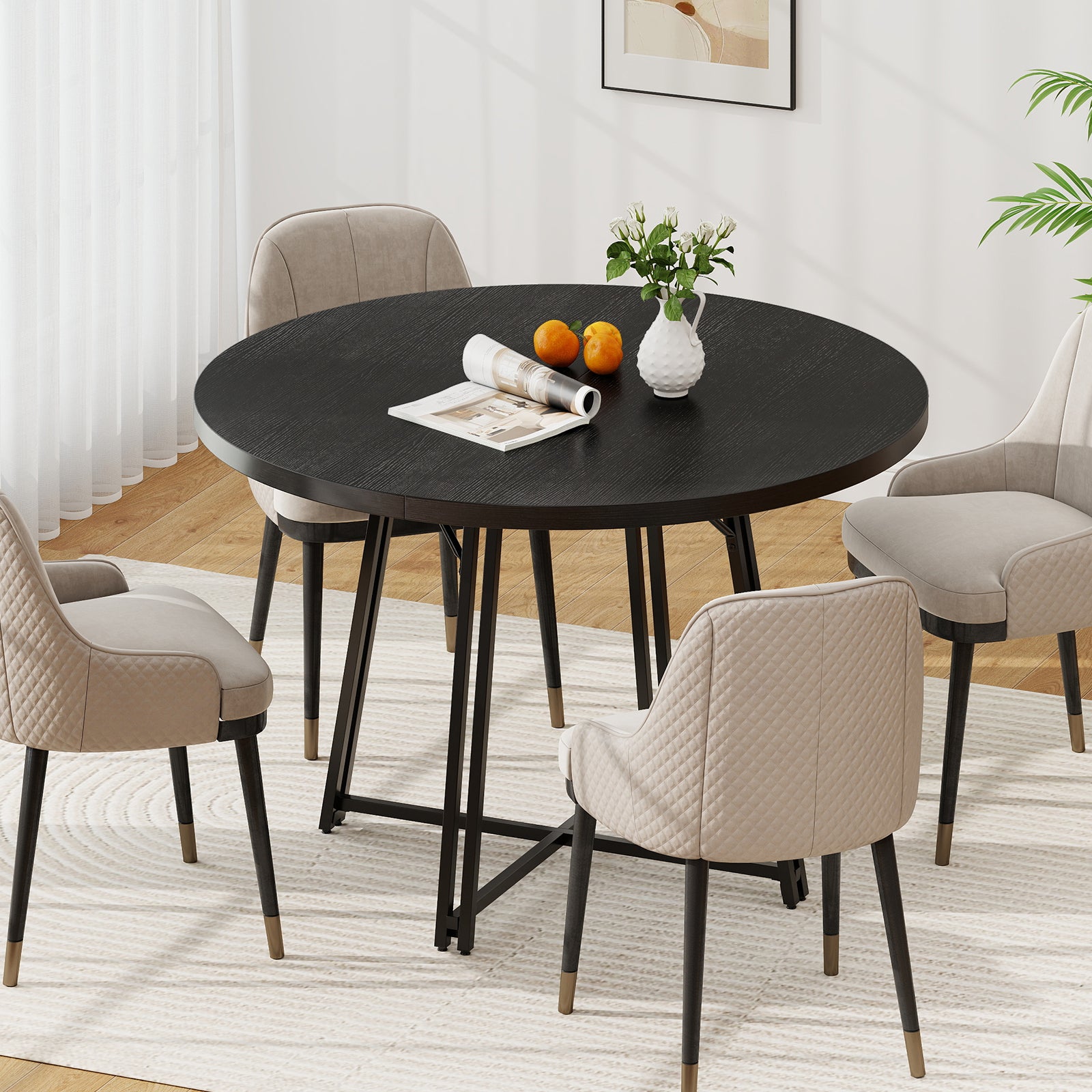 47 Inch Dining Table for 4-6 People Round Kitchen Table with Cross Base, Black Dining Tables at Gallery Canada
