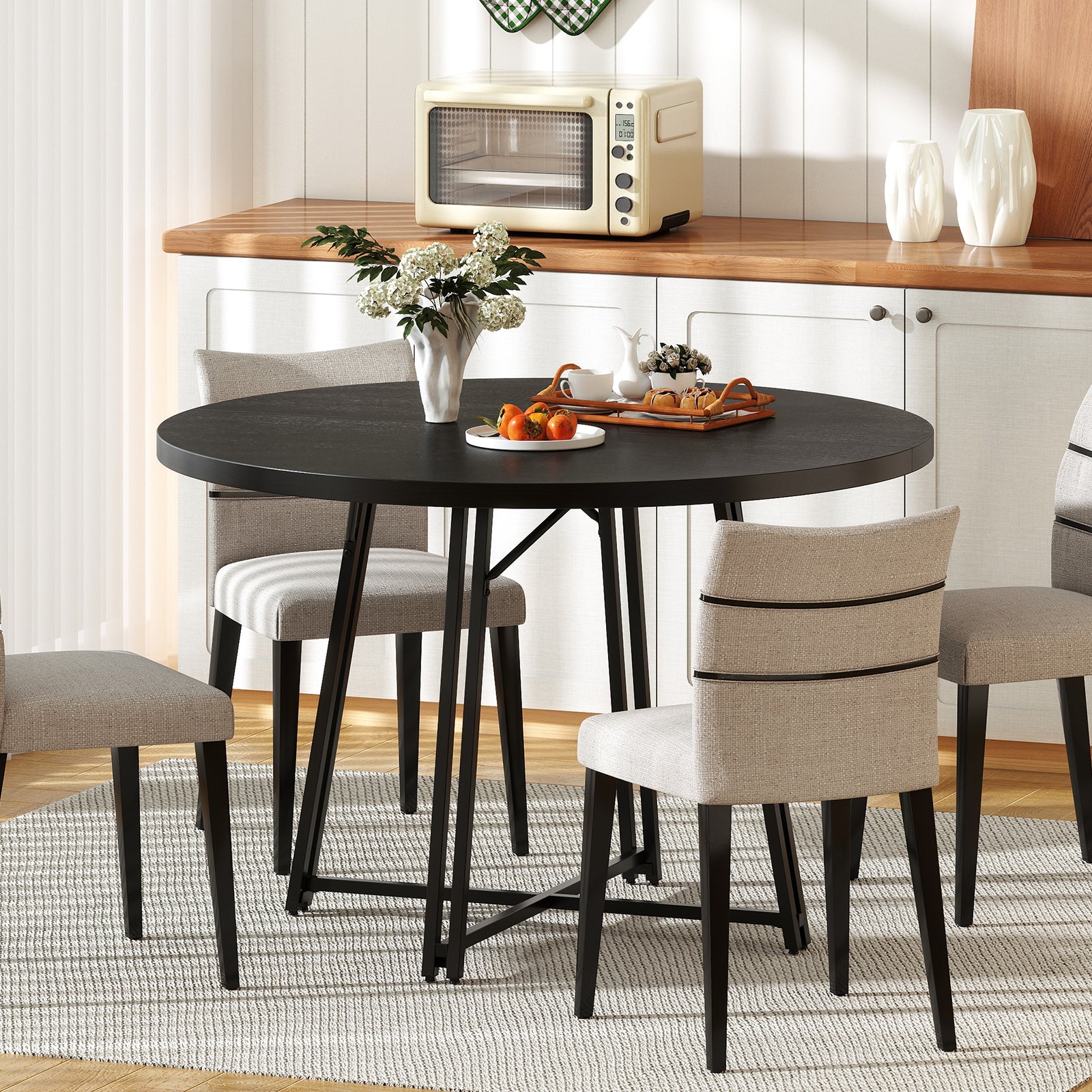 47 Inch Dining Table for 4-6 People Round Kitchen Table with Cross Base, Black Dining Tables at Gallery Canada