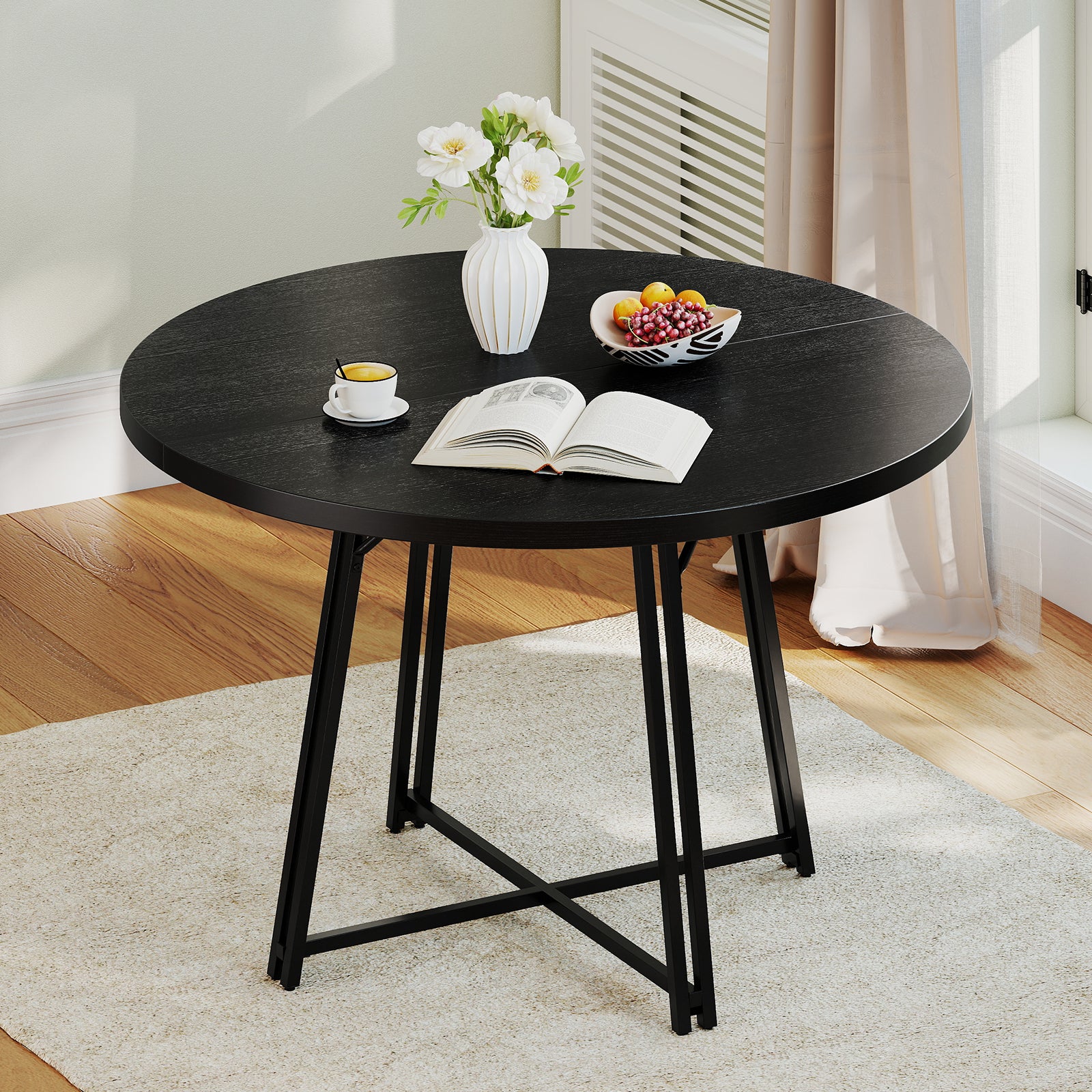 47 Inch Dining Table for 4-6 People Round Kitchen Table with Cross Base, Black Dining Tables at Gallery Canada